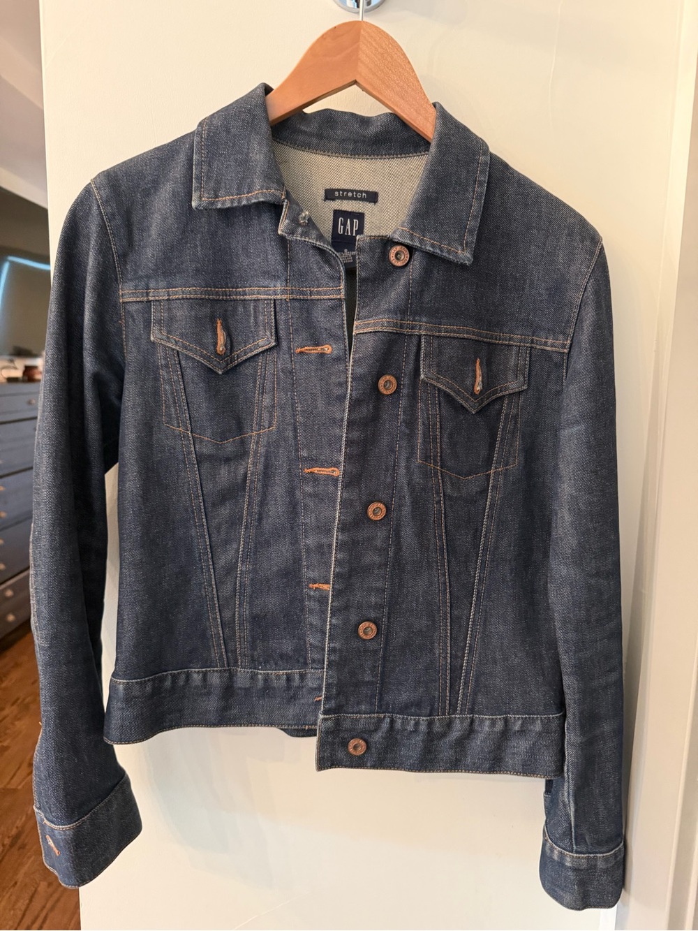 Vintage GAP ( circa 1999) Dark Blue Stretch Denim Jacket with Button Front